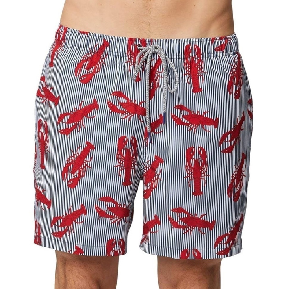 RAINFOREST Red and White Swim Trunks with Nautical Lobster Print